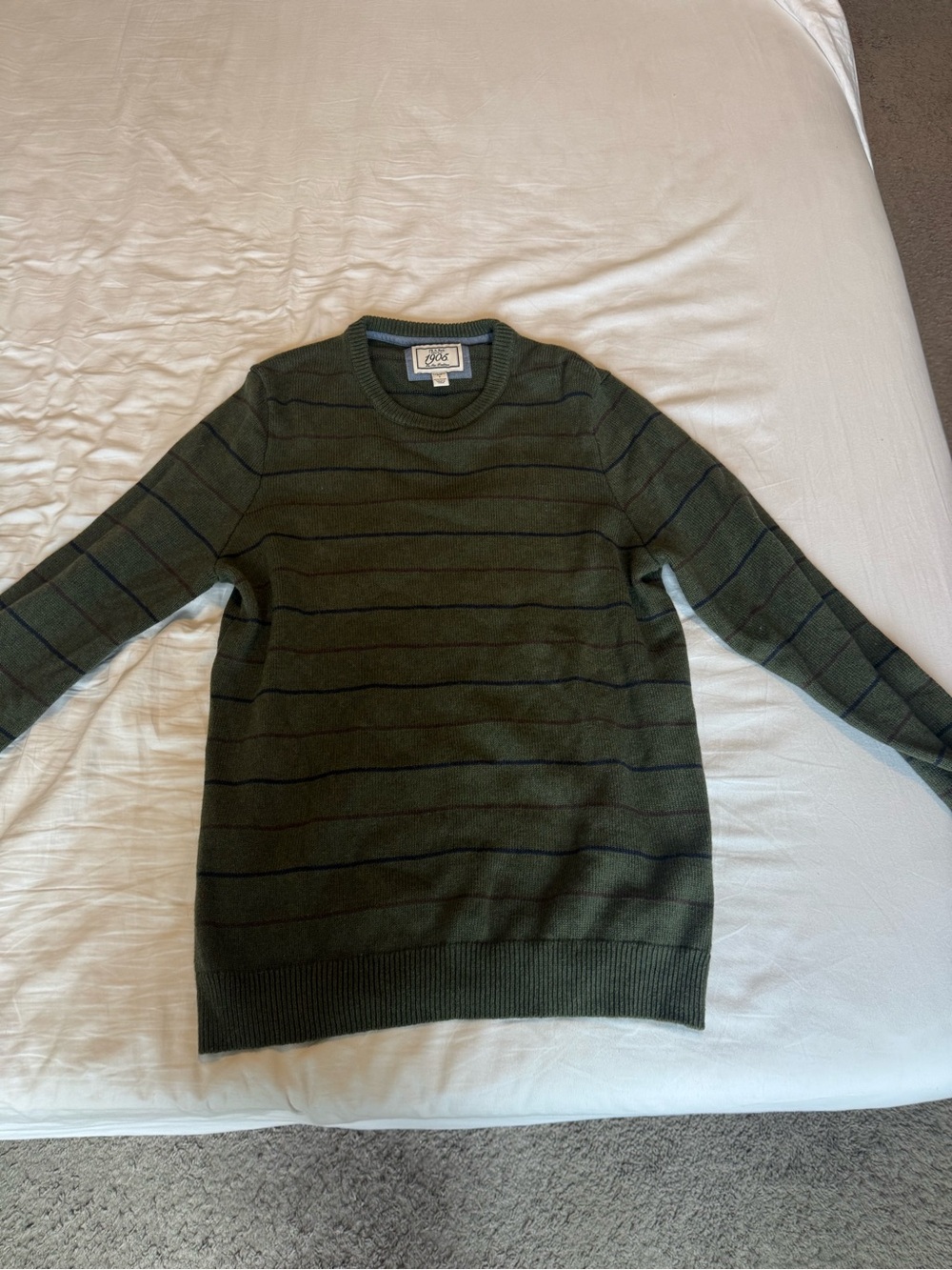 Jos. A. Bank Olive Green Crewneck Sweater with Navy Stripe Accents
